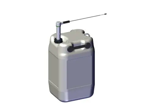 Metallischer Kanister mit einem kurzen Ansaugrohr, geeignet für Flüssigkeiten. Produkt von Grünbeck.